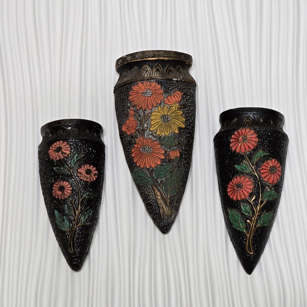 Vintage‎ Tokanabe Japan Flower Wall Pocket Japan Textured Set of 3